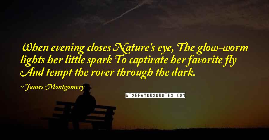 James Montgomery Quotes: When evening closes Nature's eye, The glow-worm lights her little spark To captivate her favorite fly And tempt the rover through the dark.