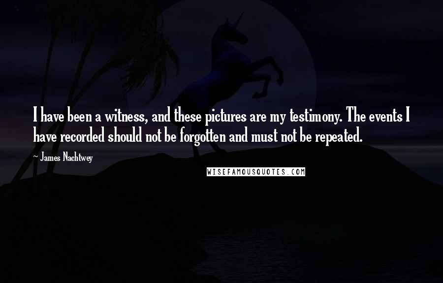 James Nachtwey Quotes: I have been a witness, and these pictures are my testimony. The events I have recorded should not be forgotten and must not be repeated.