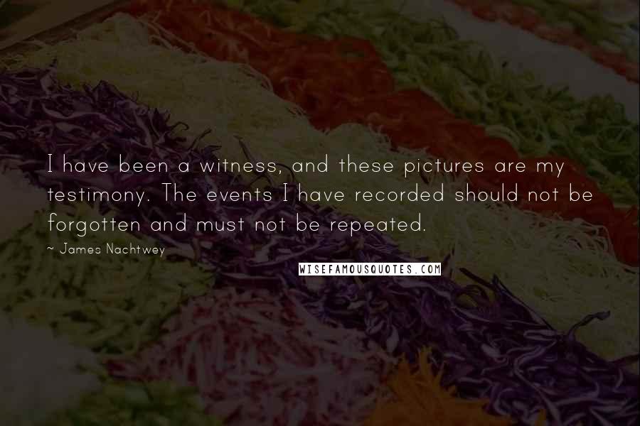 James Nachtwey Quotes: I have been a witness, and these pictures are my testimony. The events I have recorded should not be forgotten and must not be repeated.