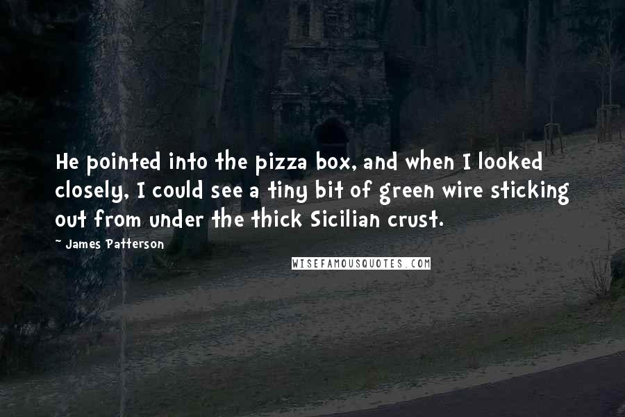 James Patterson Quotes: He pointed into the pizza box, and when I looked closely, I could see a tiny bit of green wire sticking out from under the thick Sicilian crust.