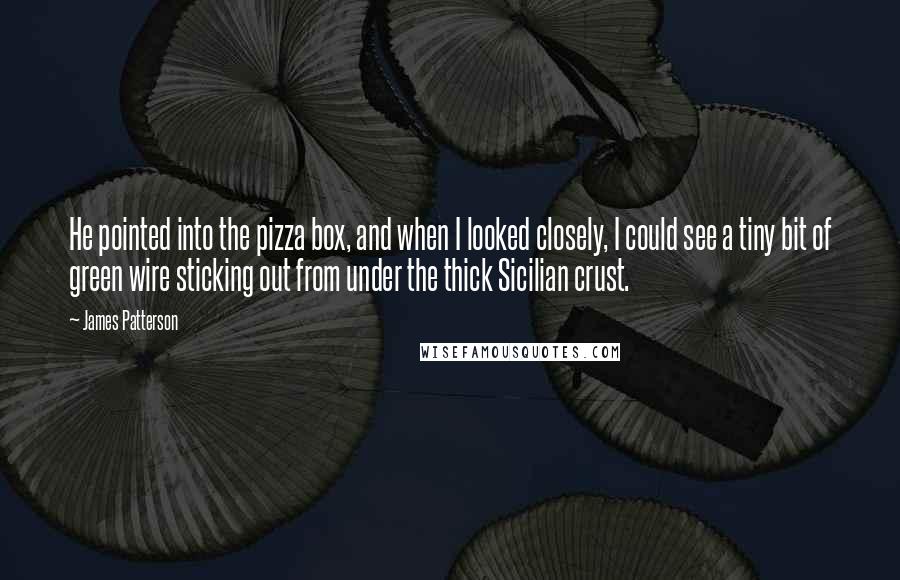 James Patterson Quotes: He pointed into the pizza box, and when I looked closely, I could see a tiny bit of green wire sticking out from under the thick Sicilian crust.