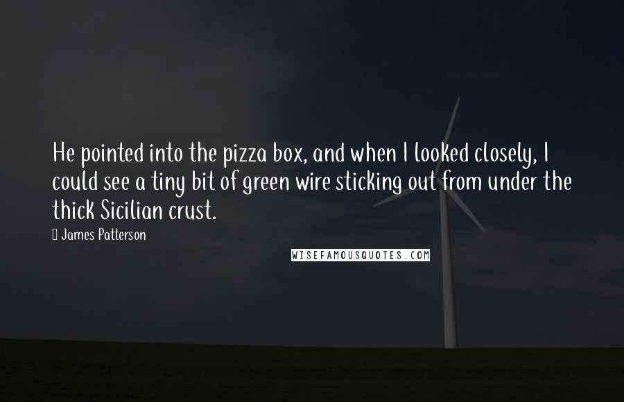 James Patterson Quotes: He pointed into the pizza box, and when I looked closely, I could see a tiny bit of green wire sticking out from under the thick Sicilian crust.