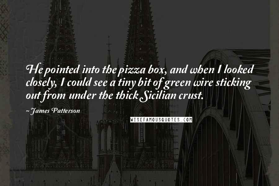 James Patterson Quotes: He pointed into the pizza box, and when I looked closely, I could see a tiny bit of green wire sticking out from under the thick Sicilian crust.