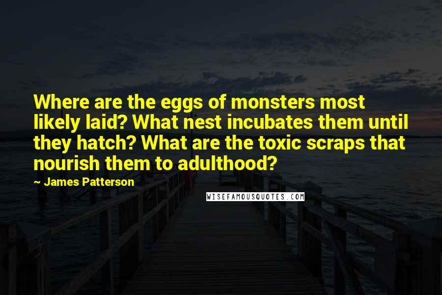 James Patterson Quotes: Where are the eggs of monsters most likely laid? What nest incubates them until they hatch? What are the toxic scraps that nourish them to adulthood?