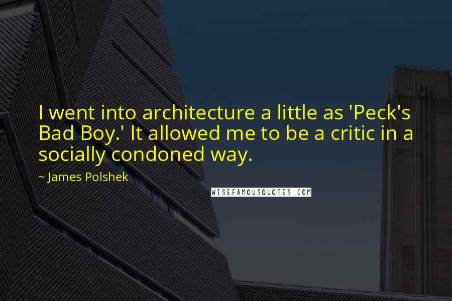 James Polshek Quotes: I went into architecture a little as 'Peck's Bad Boy.' It allowed me to be a critic in a socially condoned way.