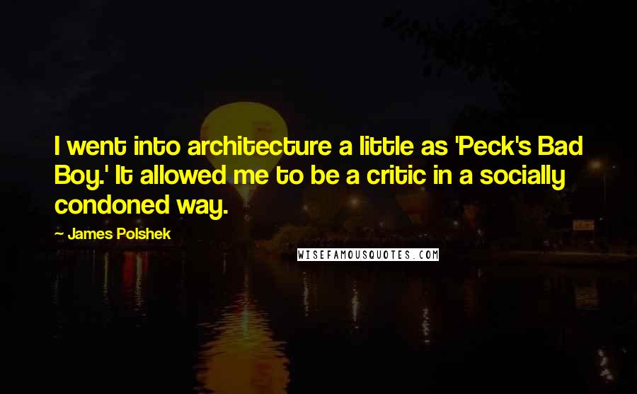 James Polshek Quotes: I went into architecture a little as 'Peck's Bad Boy.' It allowed me to be a critic in a socially condoned way.