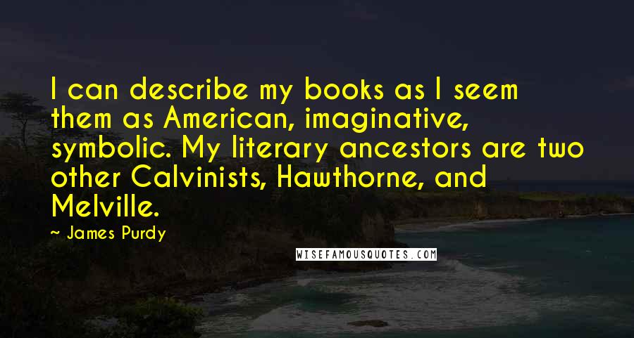 James Purdy Quotes: I can describe my books as I seem them as American, imaginative, symbolic. My literary ancestors are two other Calvinists, Hawthorne, and Melville.