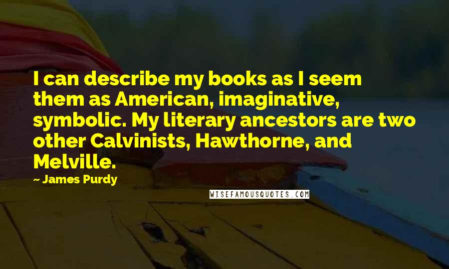 James Purdy Quotes: I can describe my books as I seem them as American, imaginative, symbolic. My literary ancestors are two other Calvinists, Hawthorne, and Melville.