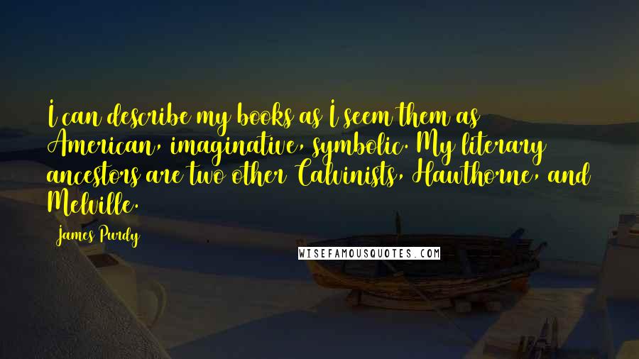 James Purdy Quotes: I can describe my books as I seem them as American, imaginative, symbolic. My literary ancestors are two other Calvinists, Hawthorne, and Melville.