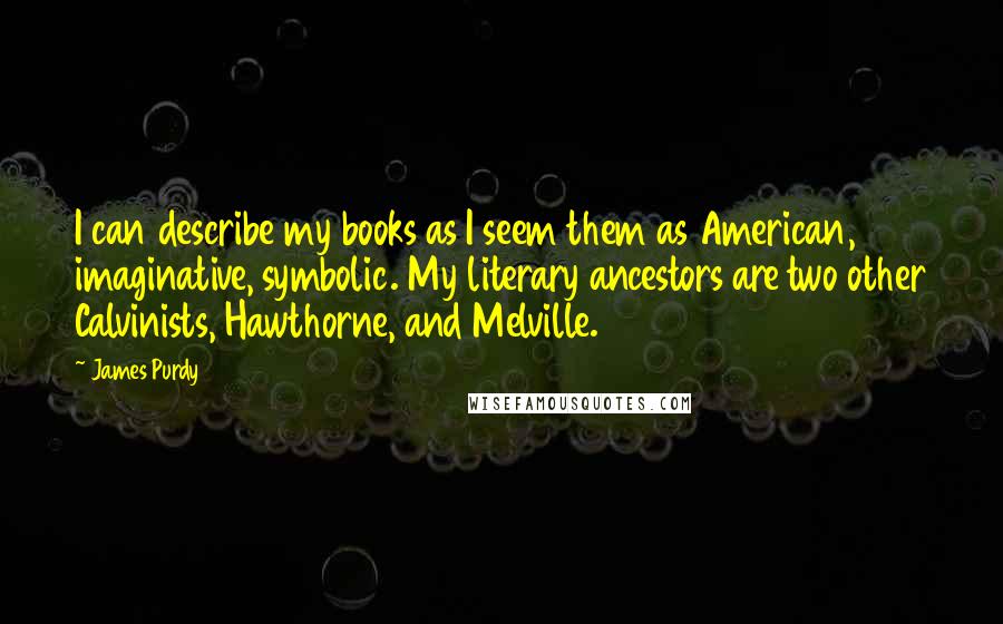 James Purdy Quotes: I can describe my books as I seem them as American, imaginative, symbolic. My literary ancestors are two other Calvinists, Hawthorne, and Melville.