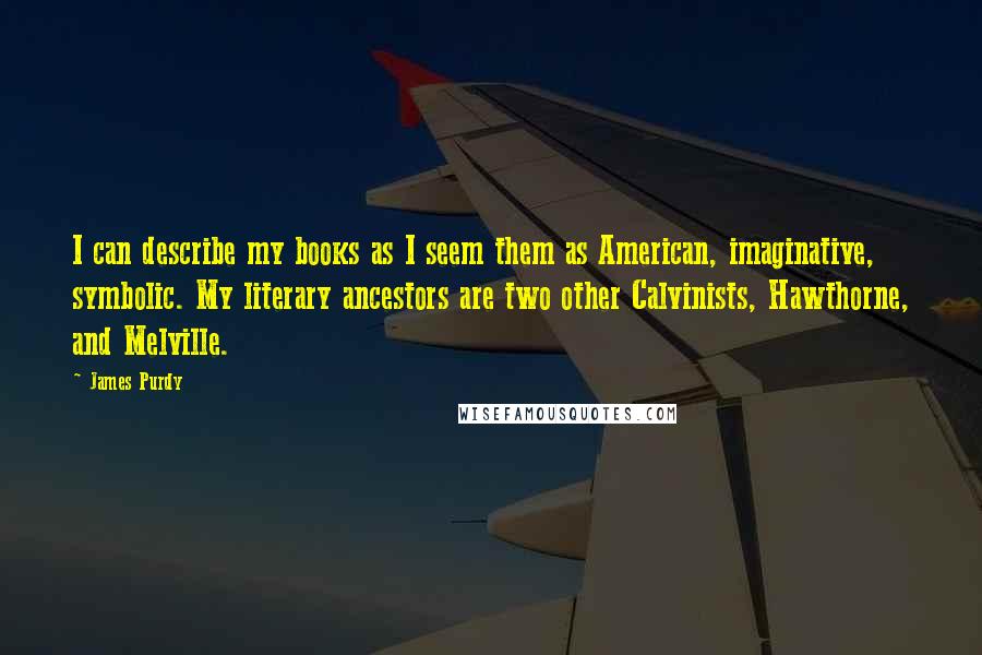 James Purdy Quotes: I can describe my books as I seem them as American, imaginative, symbolic. My literary ancestors are two other Calvinists, Hawthorne, and Melville.