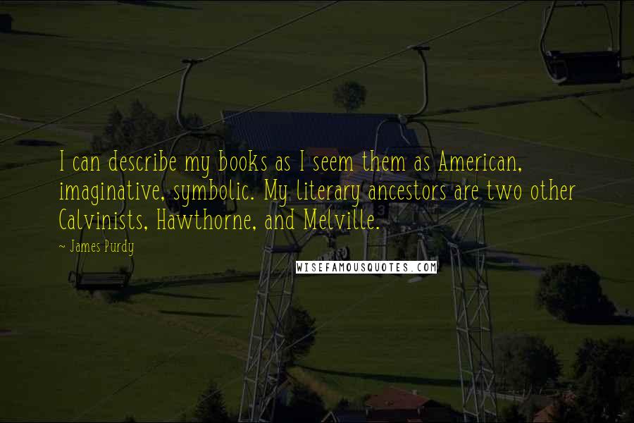 James Purdy Quotes: I can describe my books as I seem them as American, imaginative, symbolic. My literary ancestors are two other Calvinists, Hawthorne, and Melville.