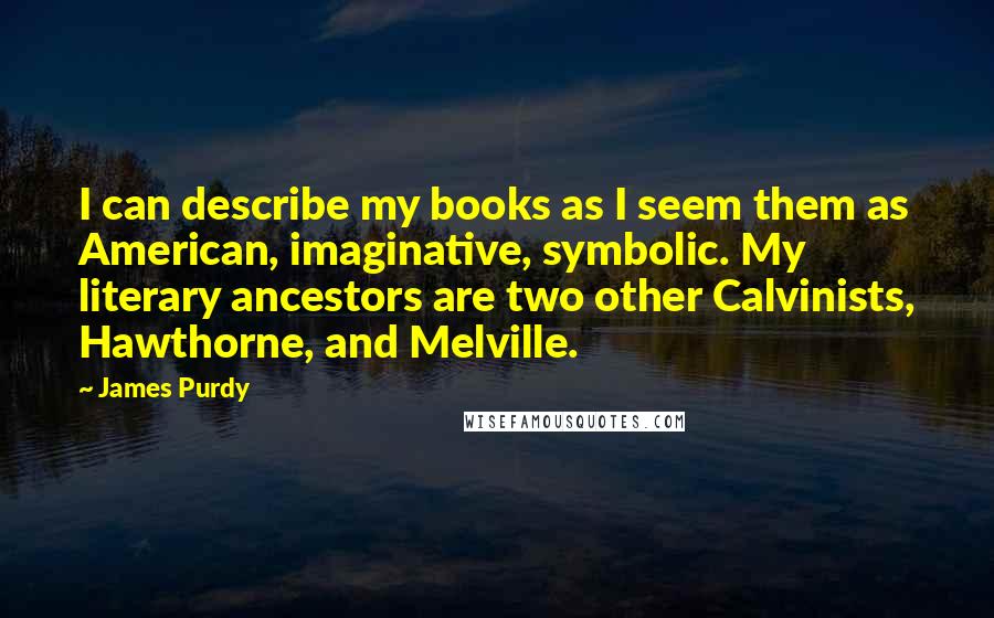 James Purdy Quotes: I can describe my books as I seem them as American, imaginative, symbolic. My literary ancestors are two other Calvinists, Hawthorne, and Melville.