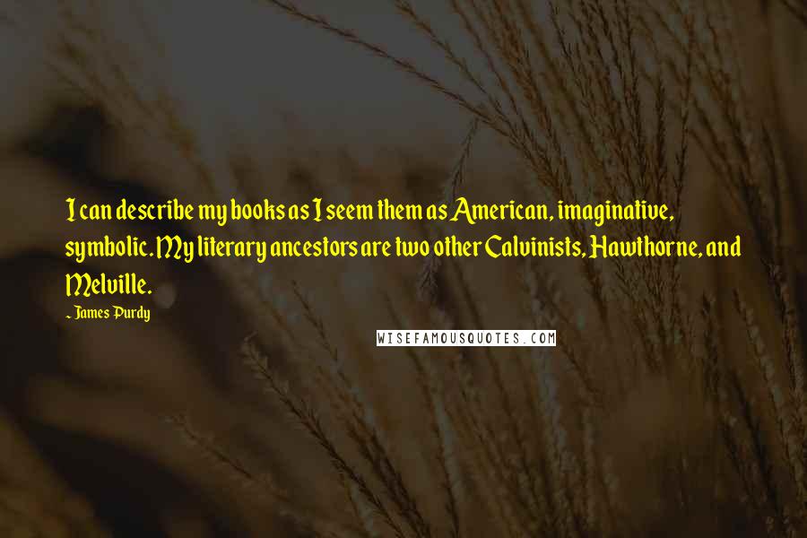 James Purdy Quotes: I can describe my books as I seem them as American, imaginative, symbolic. My literary ancestors are two other Calvinists, Hawthorne, and Melville.