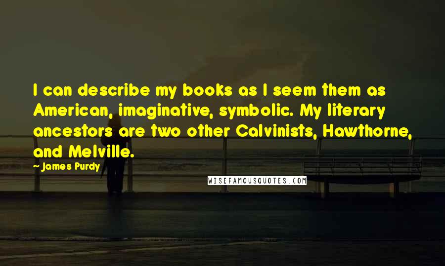 James Purdy Quotes: I can describe my books as I seem them as American, imaginative, symbolic. My literary ancestors are two other Calvinists, Hawthorne, and Melville.