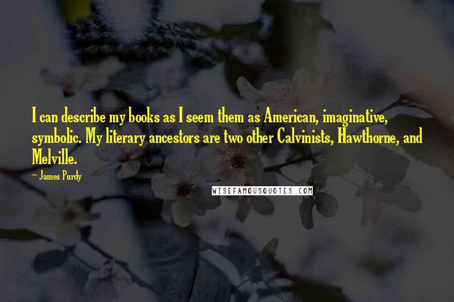 James Purdy Quotes: I can describe my books as I seem them as American, imaginative, symbolic. My literary ancestors are two other Calvinists, Hawthorne, and Melville.