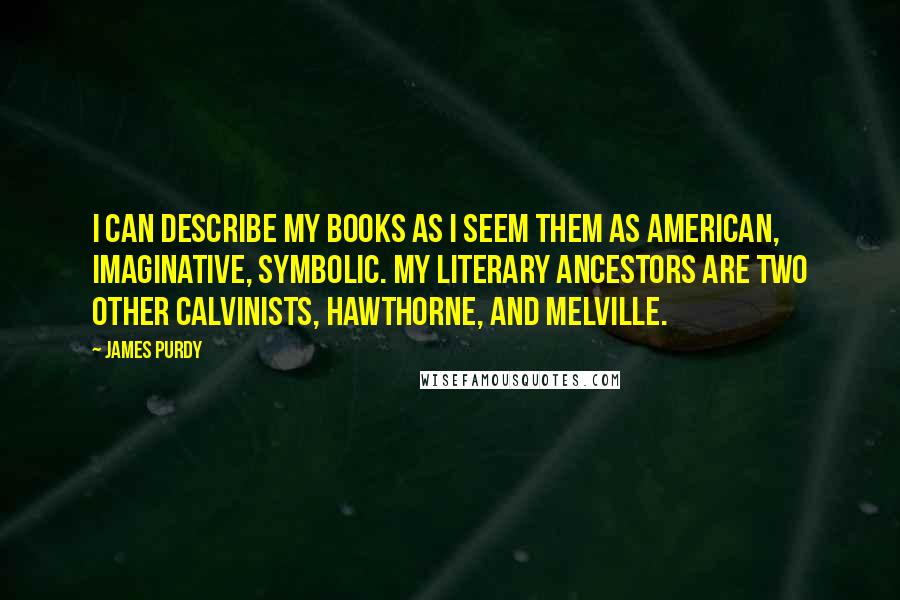 James Purdy Quotes: I can describe my books as I seem them as American, imaginative, symbolic. My literary ancestors are two other Calvinists, Hawthorne, and Melville.