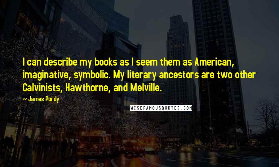 James Purdy Quotes: I can describe my books as I seem them as American, imaginative, symbolic. My literary ancestors are two other Calvinists, Hawthorne, and Melville.