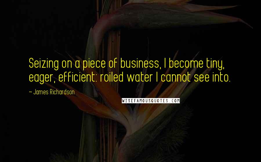 James Richardson Quotes: Seizing on a piece of business, I become tiny, eager, efficient: roiled water I cannot see into.