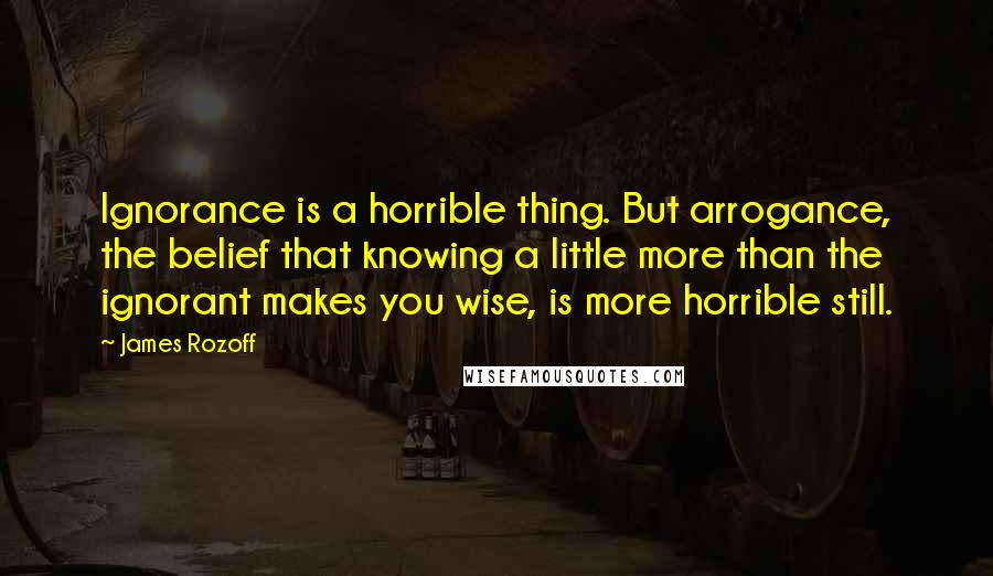 James Rozoff Quotes: Ignorance is a horrible thing. But arrogance, the belief that knowing a little more than the ignorant makes you wise, is more horrible still.