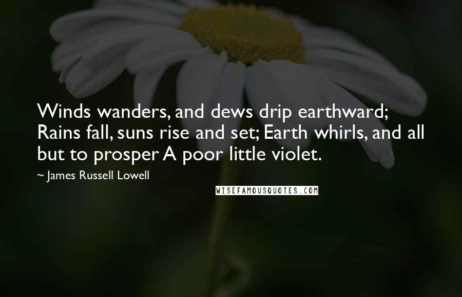 James Russell Lowell Quotes: Winds wanders, and dews drip earthward; Rains fall, suns rise and set; Earth whirls, and all but to prosper A poor little violet.