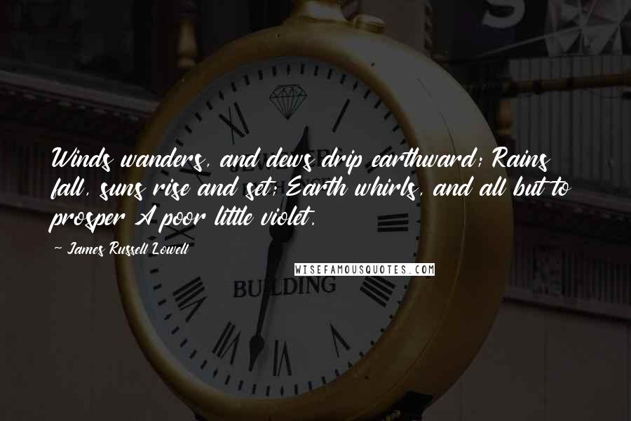 James Russell Lowell Quotes: Winds wanders, and dews drip earthward; Rains fall, suns rise and set; Earth whirls, and all but to prosper A poor little violet.