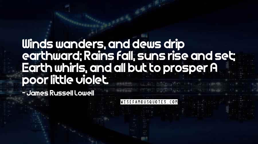 James Russell Lowell Quotes: Winds wanders, and dews drip earthward; Rains fall, suns rise and set; Earth whirls, and all but to prosper A poor little violet.
