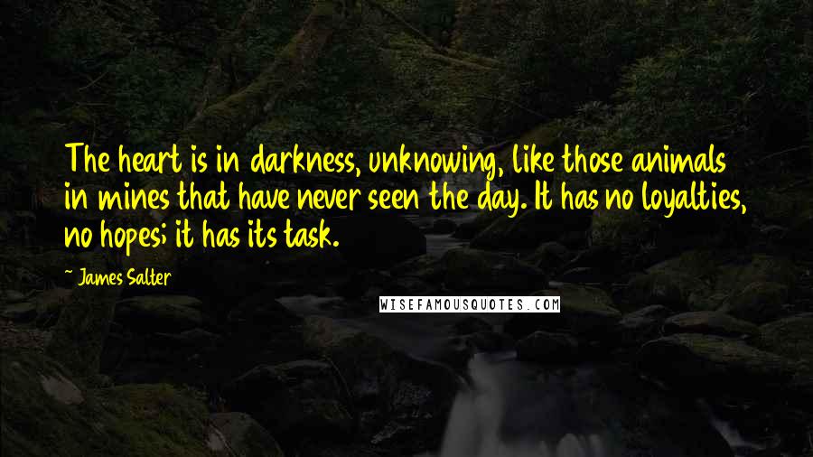 James Salter Quotes: The heart is in darkness, unknowing, like those animals in mines that have never seen the day. It has no loyalties, no hopes; it has its task.