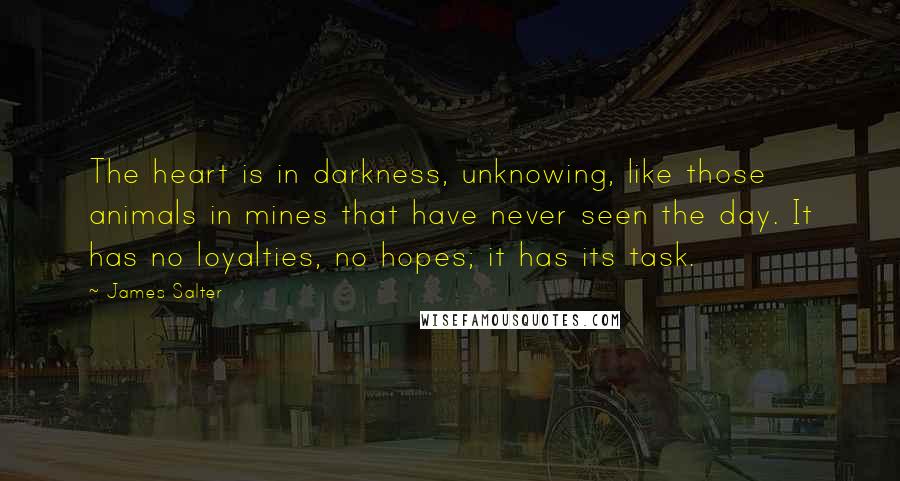 James Salter Quotes: The heart is in darkness, unknowing, like those animals in mines that have never seen the day. It has no loyalties, no hopes; it has its task.