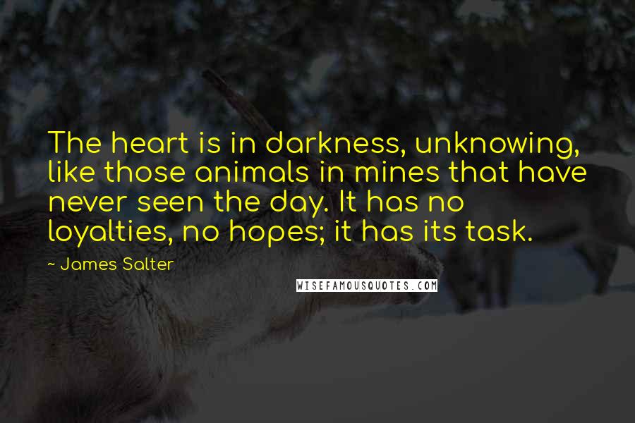 James Salter Quotes: The heart is in darkness, unknowing, like those animals in mines that have never seen the day. It has no loyalties, no hopes; it has its task.