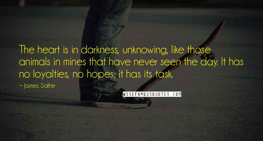 James Salter Quotes: The heart is in darkness, unknowing, like those animals in mines that have never seen the day. It has no loyalties, no hopes; it has its task.