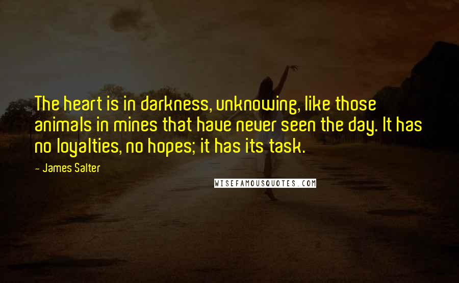 James Salter Quotes: The heart is in darkness, unknowing, like those animals in mines that have never seen the day. It has no loyalties, no hopes; it has its task.