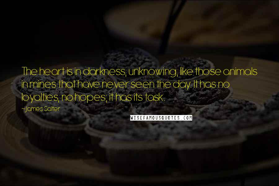 James Salter Quotes: The heart is in darkness, unknowing, like those animals in mines that have never seen the day. It has no loyalties, no hopes; it has its task.