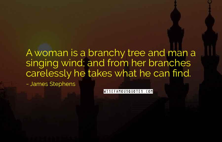 James Stephens Quotes: A woman is a branchy tree and man a singing wind; and from her branches carelessly he takes what he can find.