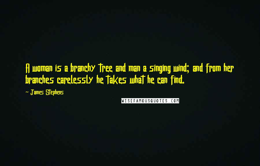 James Stephens Quotes: A woman is a branchy tree and man a singing wind; and from her branches carelessly he takes what he can find.