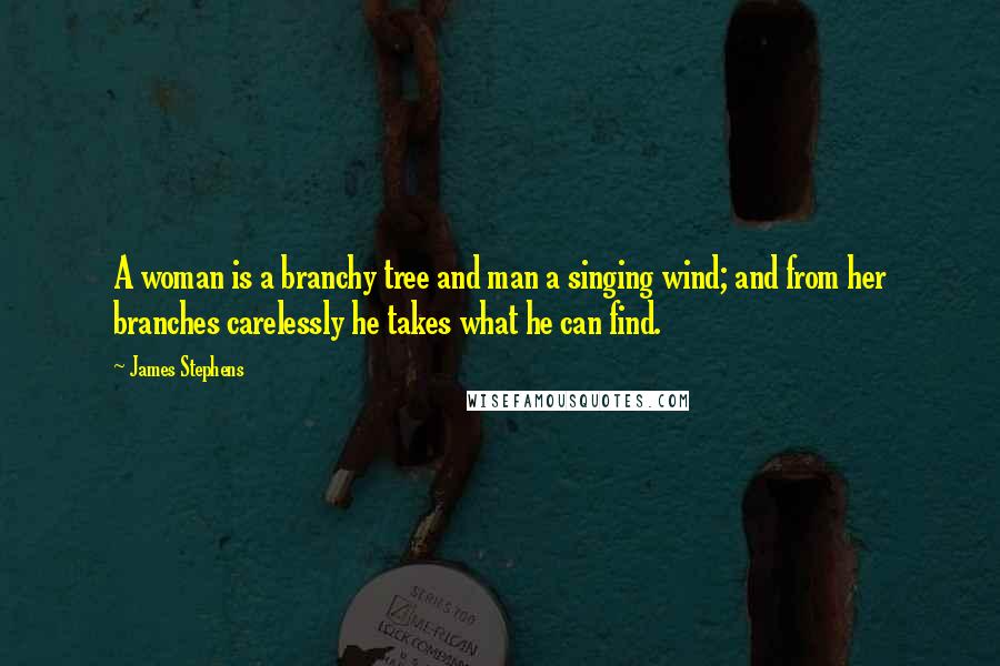 James Stephens Quotes: A woman is a branchy tree and man a singing wind; and from her branches carelessly he takes what he can find.