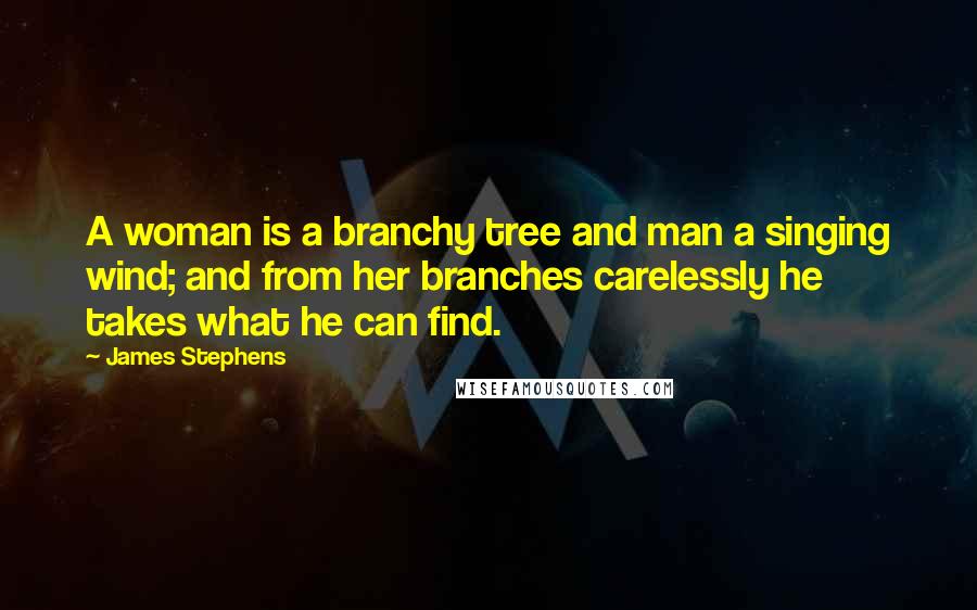 James Stephens Quotes: A woman is a branchy tree and man a singing wind; and from her branches carelessly he takes what he can find.