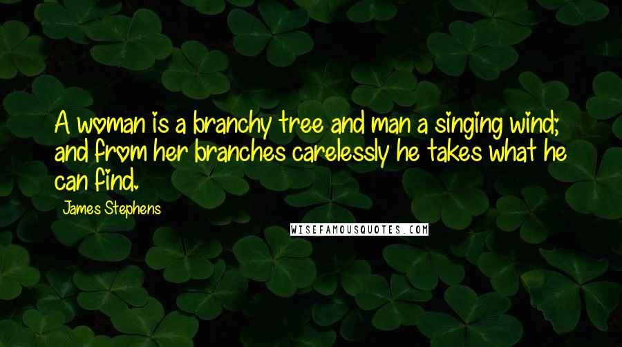 James Stephens Quotes: A woman is a branchy tree and man a singing wind; and from her branches carelessly he takes what he can find.