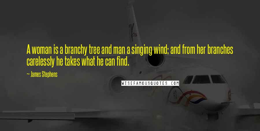 James Stephens Quotes: A woman is a branchy tree and man a singing wind; and from her branches carelessly he takes what he can find.