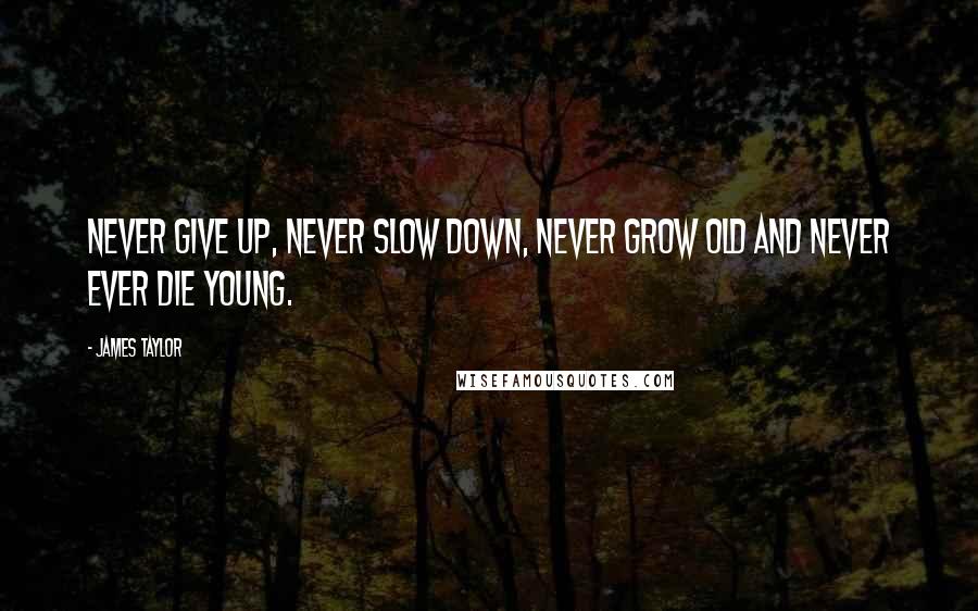 James Taylor Quotes: Never give up, never slow down, never grow old and never ever die young.