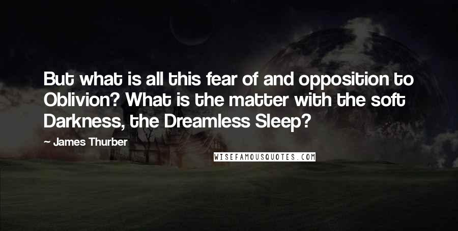 James Thurber Quotes: But what is all this fear of and opposition to Oblivion? What is the matter with the soft Darkness, the Dreamless Sleep?