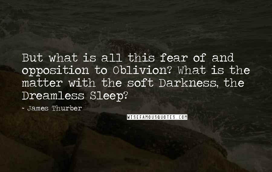 James Thurber Quotes: But what is all this fear of and opposition to Oblivion? What is the matter with the soft Darkness, the Dreamless Sleep?