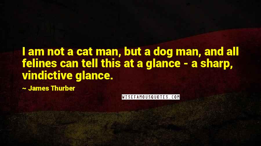 James Thurber Quotes: I am not a cat man, but a dog man, and all felines can tell this at a glance - a sharp, vindictive glance. 