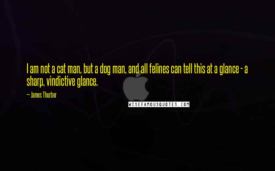 James Thurber Quotes: I am not a cat man, but a dog man, and all felines can tell this at a glance - a sharp, vindictive glance. 