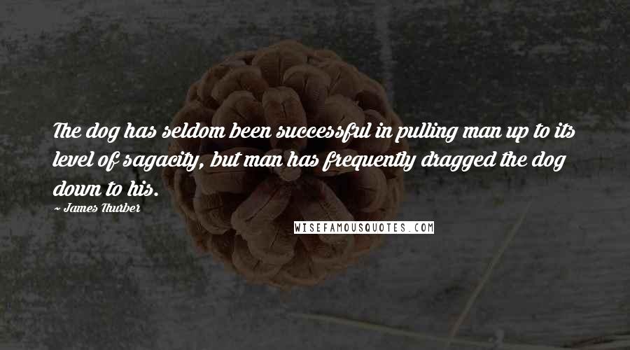 James Thurber Quotes: The dog has seldom been successful in pulling man up to its level of sagacity, but man has frequently dragged the dog down to his.