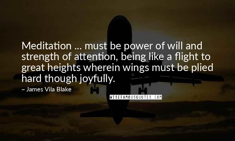 James Vila Blake Quotes: Meditation ... must be power of will and strength of attention, being like a flight to great heights wherein wings must be plied hard though joyfully.