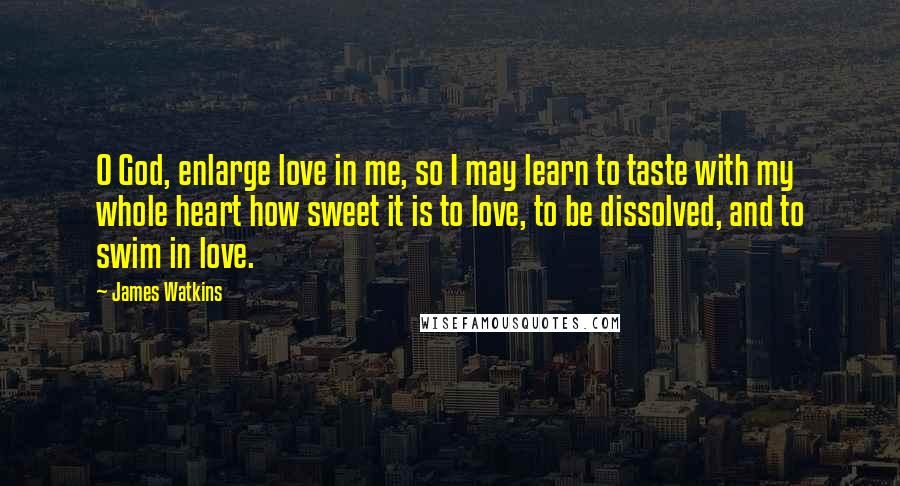 James Watkins Quotes: O God, enlarge love in me, so I may learn to taste with my whole heart how sweet it is to love, to be dissolved, and to swim in love.