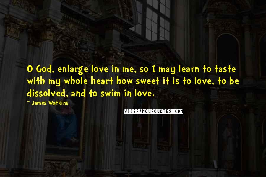 James Watkins Quotes: O God, enlarge love in me, so I may learn to taste with my whole heart how sweet it is to love, to be dissolved, and to swim in love.