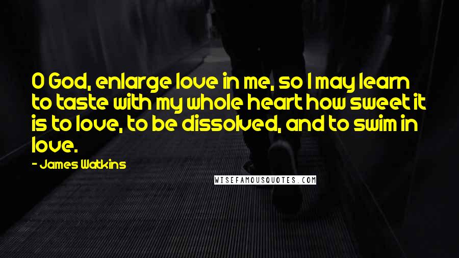 James Watkins Quotes: O God, enlarge love in me, so I may learn to taste with my whole heart how sweet it is to love, to be dissolved, and to swim in love.