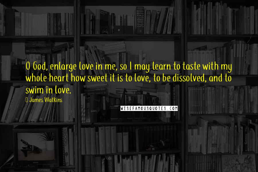 James Watkins Quotes: O God, enlarge love in me, so I may learn to taste with my whole heart how sweet it is to love, to be dissolved, and to swim in love.
